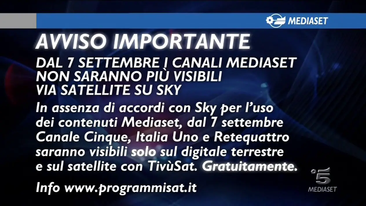 7 settembre canali mediaset sky